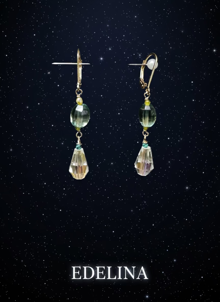 Pair of earrings with green gemstones on a dark background, branded 'EDELINA'.