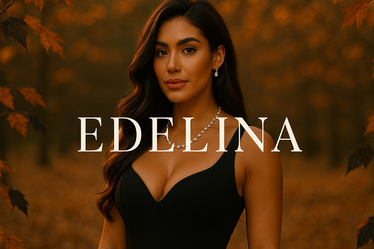 Woman in a black dress with 'EDELINA' text against an autumn leaf background